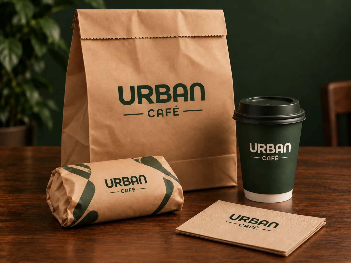 Imagem ilustrativa da embalagem do combo: sacola Urban Café, Bauru embalado e copo de café