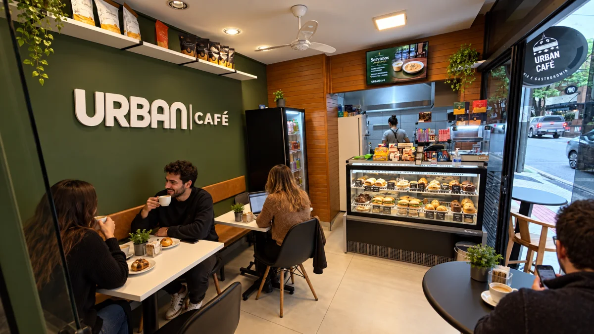 Interior do Urban Café em Balneário Camboriú, com mesas, clientes e balcão